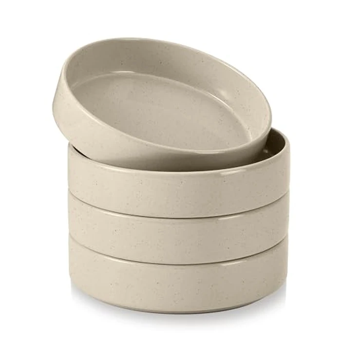 E-far Pasta Bowls Set of 4, 35oz Ceramic Large Salad Bowl Plates for Serving Soup Dinner, Shallow Stoneware Pasta Plate, Microwave & Dishwasher Safe, Speckled Khaki by E-far - Used - Very Good condition - US$26.21
