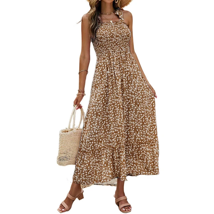 Tobrief Women's Dress Summer Boho Tie Strap Floral Print Long Maxi Dress Brown M by Tobrief - Image 1