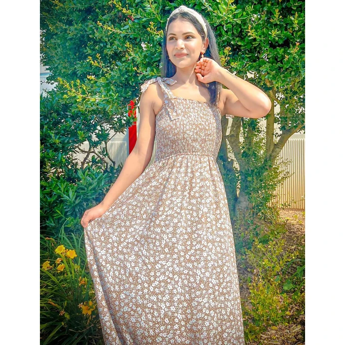 Tobrief Women's Dress Summer Boho Tie Strap Floral Print Long Maxi Dress Brown M by Tobrief - Image 2