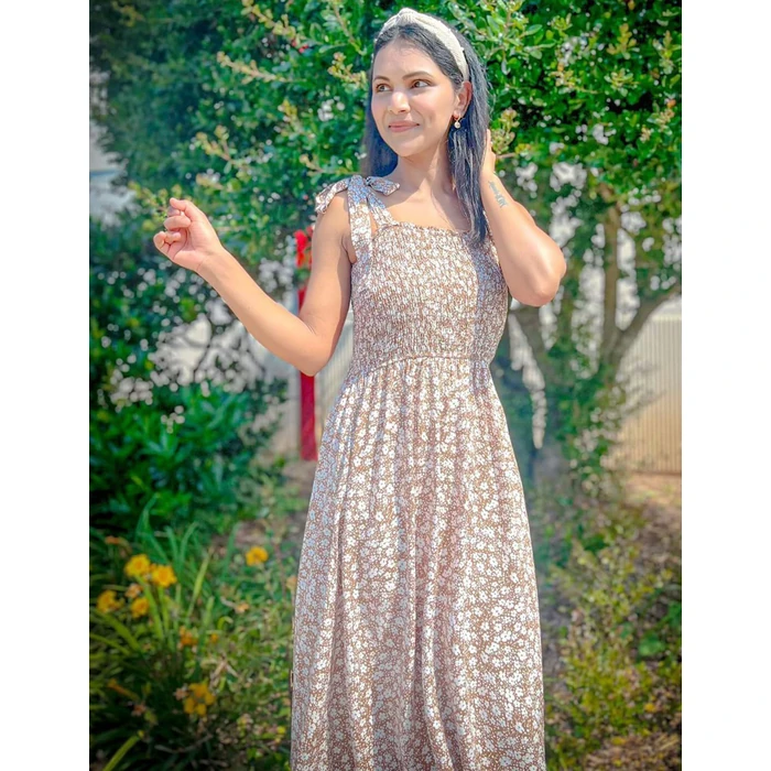 Tobrief Women's Dress Summer Boho Tie Strap Floral Print Long Maxi Dress Brown M by Tobrief - Image 4