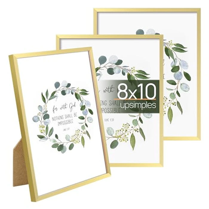 upsimples 8x10 Picture Frame Set of 3, Made of High Definition Glass for 8 x 10, Wall and Tabletop Display Thin Border Photo Frames for Home Decor, Gold by upsimples - Used - Like New condition - US$12.94