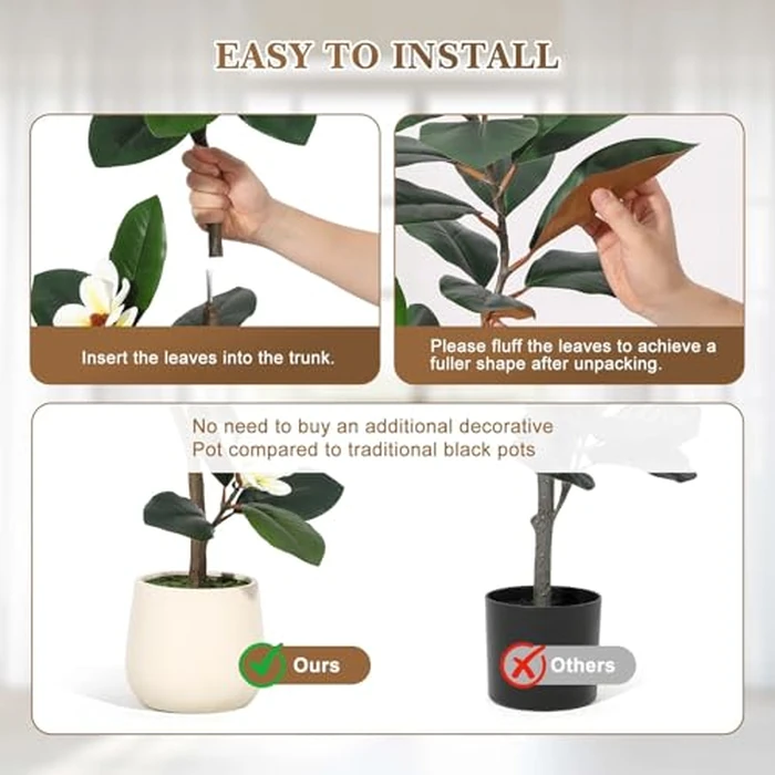 Garvee s-Shape 6 ft Artificial Rubber Tree with White Planter, Faux Tropical Floor Plant with 8 Magnolia Flowers, Real Touch Leaves for Home Office Indoor Decor by Garvee - Image 3