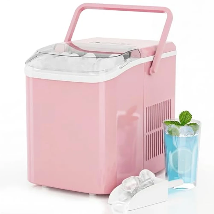KMFurnila Ice Makers Countertop, Portable Ice Machine with Handle, 6 Mins 9 Bullet Ice Cubes with Basket and Scoop, 26lbs in 24Hrs, Auto-Cleaning, for Home, Kitchen, RV, Camping, Pink by KMFurnila - Used - Very Good condition - US$46.04