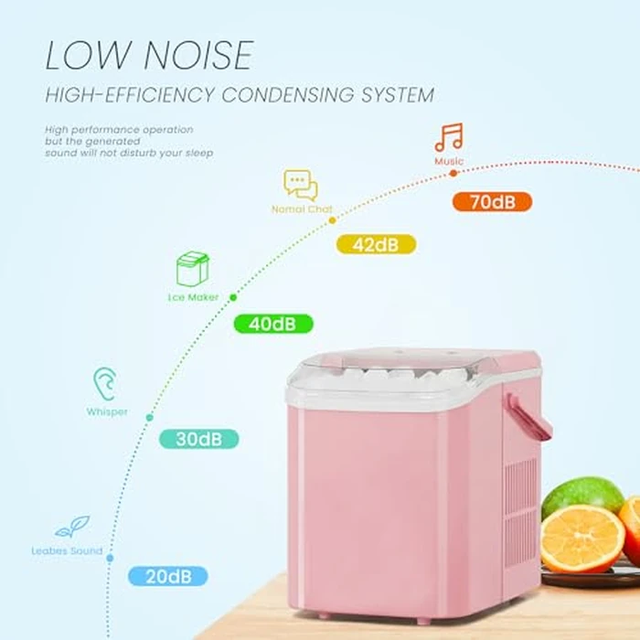 KMFurnila Ice Makers Countertop, Portable Ice Machine with Handle, 6 Mins 9 Bullet Ice Cubes with Basket and Scoop, 26lbs in 24Hrs, Auto-Cleaning, for Home, Kitchen, RV, Camping, Pink by KMFurnila - Image 2