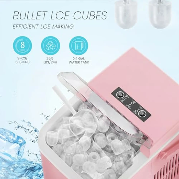 KMFurnila Ice Makers Countertop, Portable Ice Machine with Handle, 6 Mins 9 Bullet Ice Cubes with Basket and Scoop, 26lbs in 24Hrs, Auto-Cleaning, for Home, Kitchen, RV, Camping, Pink by KMFurnila - Image 3