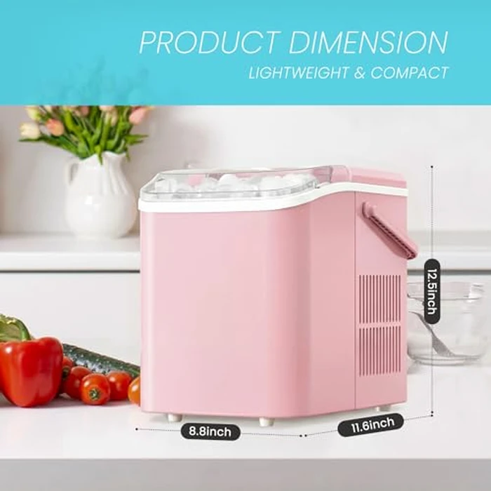 KMFurnila Ice Makers Countertop, Portable Ice Machine with Handle, 6 Mins 9 Bullet Ice Cubes with Basket and Scoop, 26lbs in 24Hrs, Auto-Cleaning, for Home, Kitchen, RV, Camping, Pink by KMFurnila - Image 4