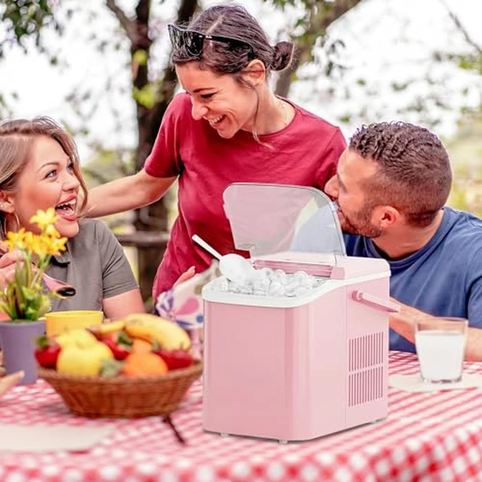 KMFurnila Ice Makers Countertop, Portable Ice Machine with Handle, 6 Mins 9 Bullet Ice Cubes with Basket and Scoop, 26lbs in 24Hrs, Auto-Cleaning, for Home, Kitchen, RV, Camping, Pink by KMFurnila - Image 5