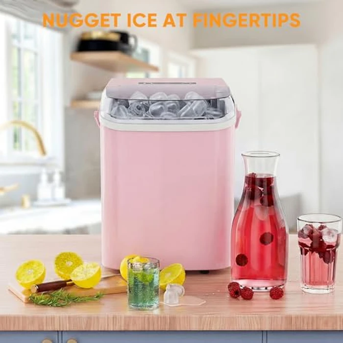 KMFurnila Ice Makers Countertop, Portable Ice Machine with Handle, 6 Mins 9 Bullet Ice Cubes with Basket and Scoop, 26lbs in 24Hrs, Auto-Cleaning, for Home, Kitchen, RV, Camping, Pink by KMFurnila - Image 6