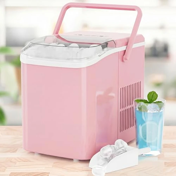 KMFurnila Ice Makers Countertop, Portable Ice Machine with Handle, 6 Mins 9 Bullet Ice Cubes with Basket and Scoop, 26lbs in 24Hrs, Auto-Cleaning, for Home, Kitchen, RV, Camping, Pink by KMFurnila - Image 7