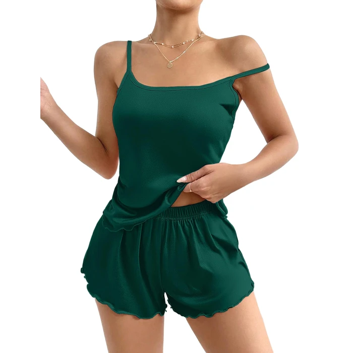 Ekouaer Womens Cami Pajama Sets 2 Piece Cute Print Pjs Soft Tank Top & Elastic Waist Shorts Camisole Lounge Set Green L by Ekouaer - Used - Very Good condition