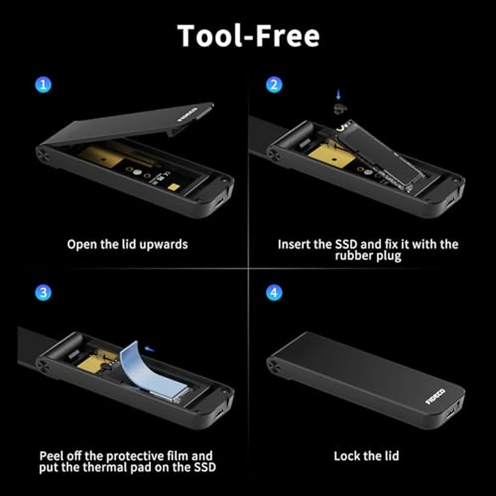 FIDECO M.2 NVMe SSD Enclosure, M.2 NVMe to USB Adapter, USB 3.2 Gen 2 (10Gbps) SSD Reader for M & M+B Key, Sandwich Style Design, Tool-Free Installation, Support UASP and Trim by FIDECO - Image 6