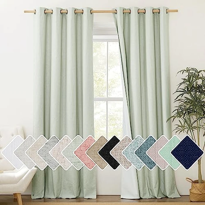 NICETOWN 100% Blackout Sage Green Linen Cold Blocking Curtains 90 inches Length with Thermal Insulated Liners,2 Panels,52 inches W,Farmhouse Style Room Warming Small Window Drapes for Dining Room by NICETOWN - Image 1