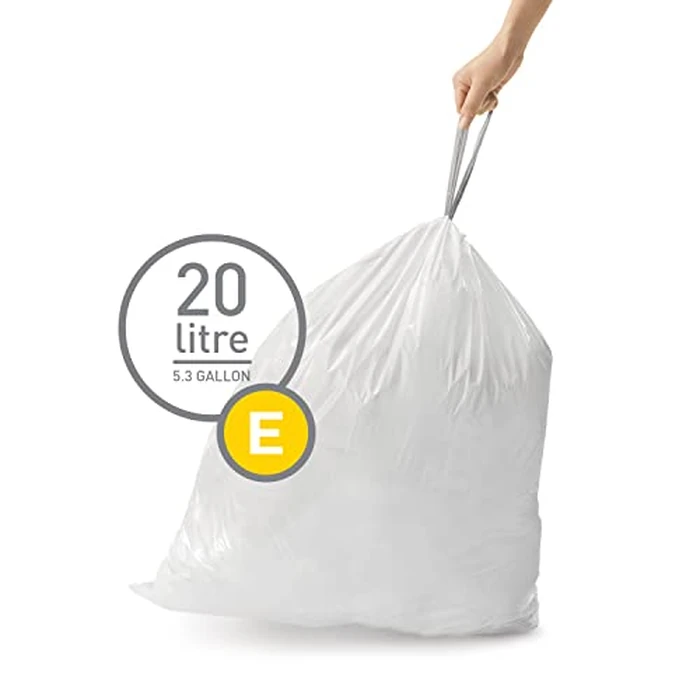 simplehuman Code E 100 Count, Dispenser Pack Custom Fit Liners, Drawstring Trash Bags, 20 Liter / 5.3 Gallon, White by simplehuman - Image 2