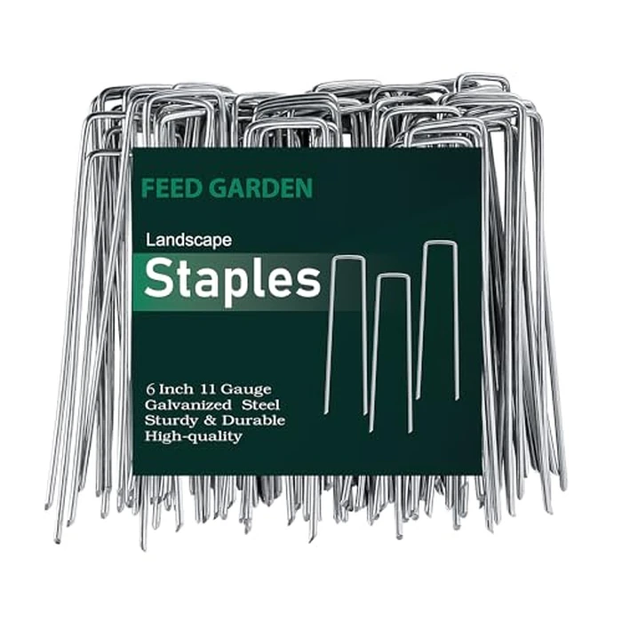 FEED GARDEN 6 Inch 100 Pack Galvanized Landscape Staples Plant Cover Stakes 11 Gauge Tent Stakes Garden Stakes Landscaping Fabric SOD Pins Yard Stakes for Decoration Weed Barrier Fabric by FEED GARDEN - Used - Like New condition - US$16.99