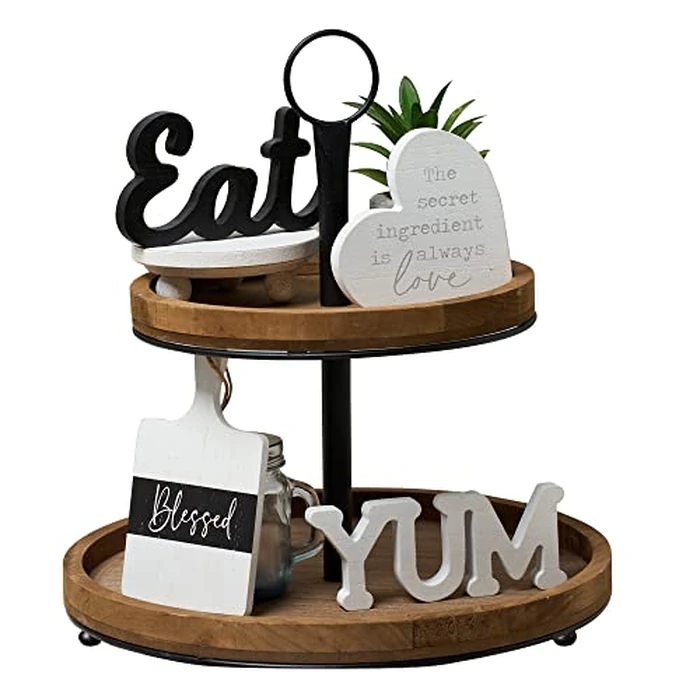 GENMOUS Farmhouse Kitchen Tiered Tray Decor Items Mini Set, Rustic Black and White Kitchen Counter Decor, Two Tiered Tray Kitchen Decor Set for Home Kitchen Dining Room Table Decoration by GENMOUS & CO. - Used - Acceptable condition