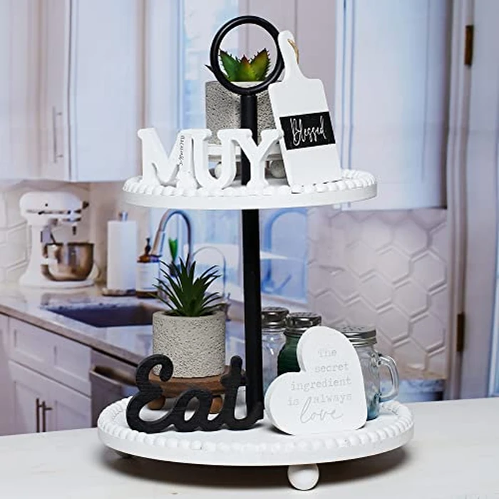 GENMOUS Farmhouse Kitchen Tiered Tray Decor Items Mini Set, Rustic Black and White Kitchen Counter Decor, Two Tiered Tray Kitchen Decor Set for Home Kitchen Dining Room Table Decoration by GENMOUS & CO. - Image 5