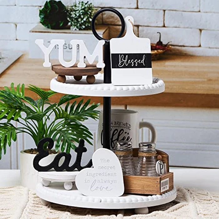 GENMOUS Farmhouse Kitchen Tiered Tray Decor Items Mini Set, Rustic Black and White Kitchen Counter Decor, Two Tiered Tray Kitchen Decor Set for Home Kitchen Dining Room Table Decoration by GENMOUS & CO. - Image 7