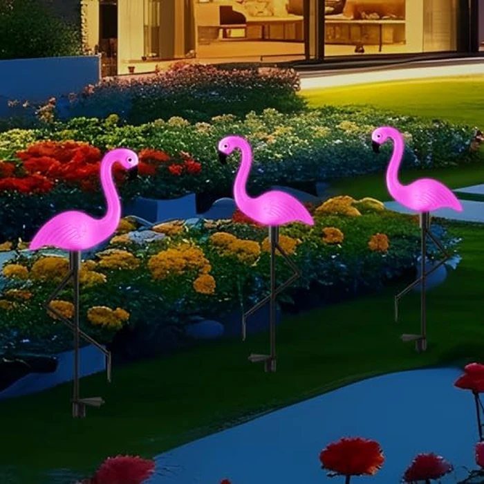 Solar Flamingo Lights 3 Pcs Set, Waterproof Solar Garden Lights Outdoor Decoration, Pink Flamingo Garden Decoration for Patio Lawn Sidewalk Pathway by HHUWRUL - Used - Like New condition