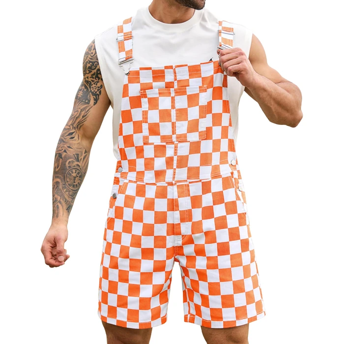 Odefou Checkered Bib Overalls for Men Jumpsuit Shorts Work Coveralls(Orange Checkered,S) by Odefou - Image 1