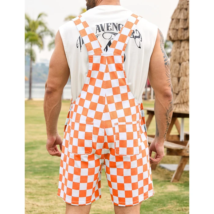 Odefou Checkered Bib Overalls for Men Jumpsuit Shorts Work Coveralls(Orange Checkered,S) by Odefou - Image 2