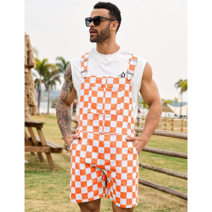 Odefou Checkered Bib Overalls for Men Jumpsuit Shorts Work Coveralls(Orange Checkered,S) by Odefou - Image 3