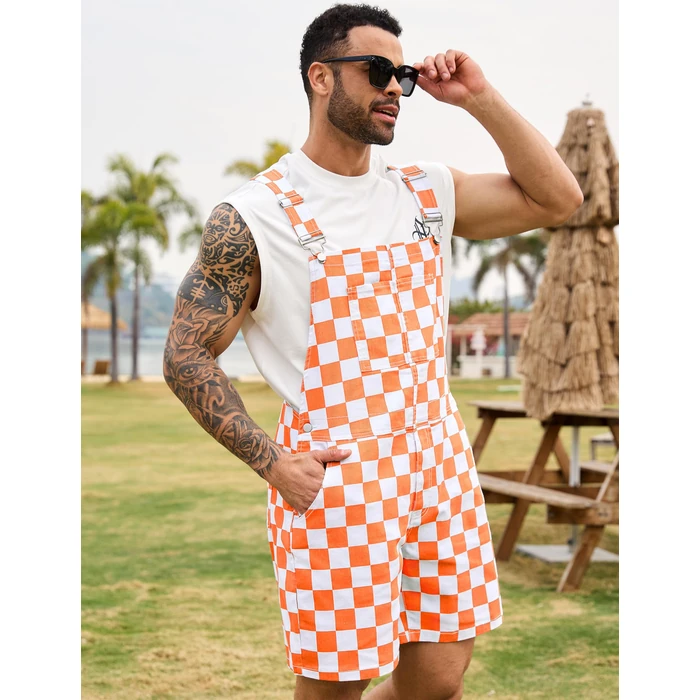 Odefou Checkered Bib Overalls for Men Jumpsuit Shorts Work Coveralls(Orange Checkered,S) by Odefou - Image 4