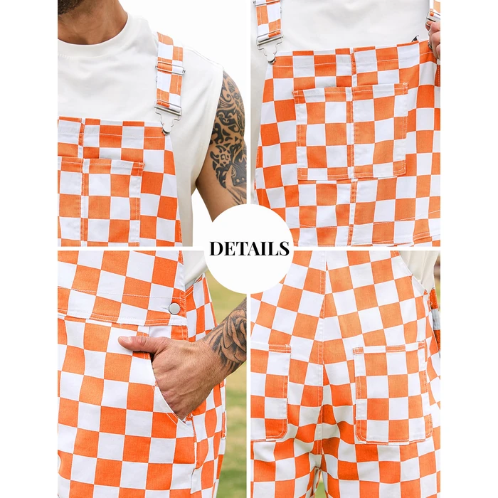 Odefou Checkered Bib Overalls for Men Jumpsuit Shorts Work Coveralls(Orange Checkered,S) by Odefou - Image 7