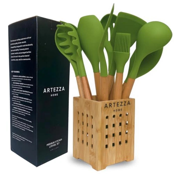 Green Silicone Kitchen Utensil Set - 10-Piece Cooking Tools with Wooden Handles and Bamboo Holder, Nonstick Safe, Heat Resistant, BPA-Free, Gift for Home or Housewarming - Artezza Home by Artezza Home - Used - Acceptable condition - CA$31.23