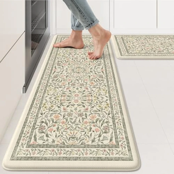 KIMODE Anti Fatigue Kitchen Mats for Floor, Boho Floral Kitchen Rugs Sets of 2, Cushioned Kitchen Floor Mats Non Slip, Comfort Spring Rugs for Kitchen Floor Sink Laundry Desk Beige 17.3"x29"+17.3"x47" by KIMODE - Used - Very Good condition - US$30.57
