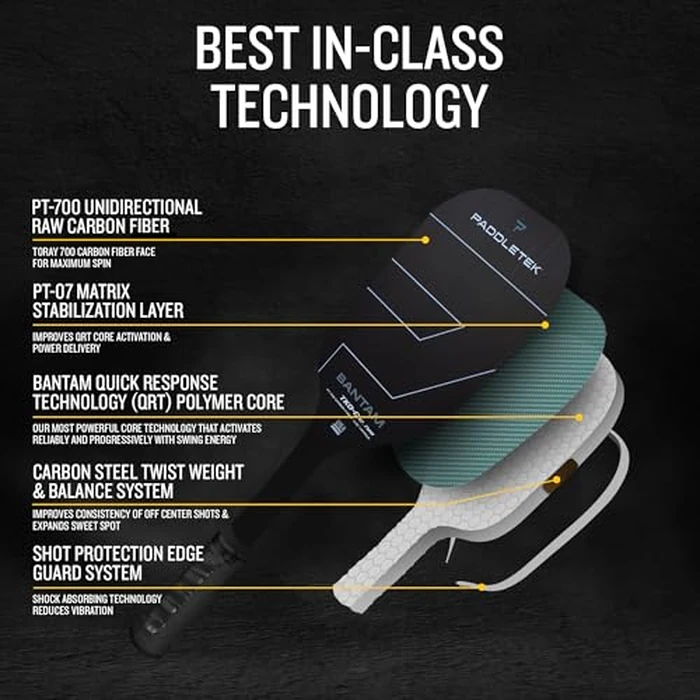 Paddletek Bantam TKO-C 12.7mm Pickleball Paddles with Polymer Honeycomb Core - Unidirectional Carbon Fiber - Torsional Weighting & High Tack Performance Grip - USAPA Approved - 5.25 Inch Handle by Paddletek - Image 4