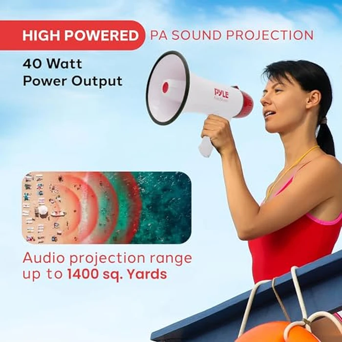 Pyle Megaphone - 40W Professional PA Bullhorn with Rechargeable Battery, with Mic, Siren and Aux In for iPod/MP3 Devices for Music, Compact Design with Powerful Projection and Range by Pyle - Image 2