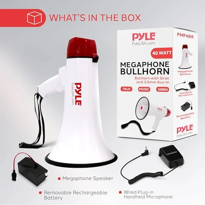 Pyle Megaphone - 40W Professional PA Bullhorn with Rechargeable Battery, with Mic, Siren and Aux In for iPod/MP3 Devices for Music, Compact Design with Powerful Projection and Range by Pyle - Image 6