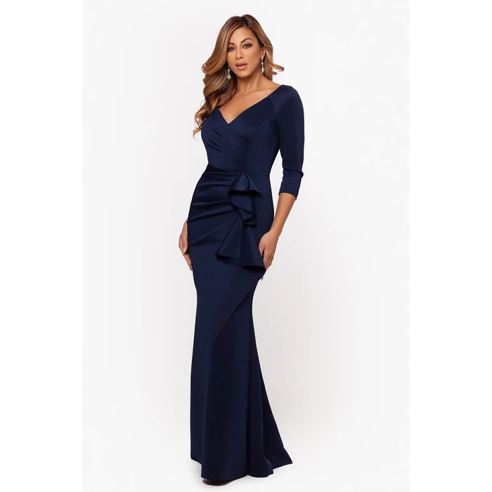 Xscape Women's Long 3/4 Sleeve V-Neck Side Ruched Gown (Reg and Petite), Midnight, 10P by Xscape - Image 2