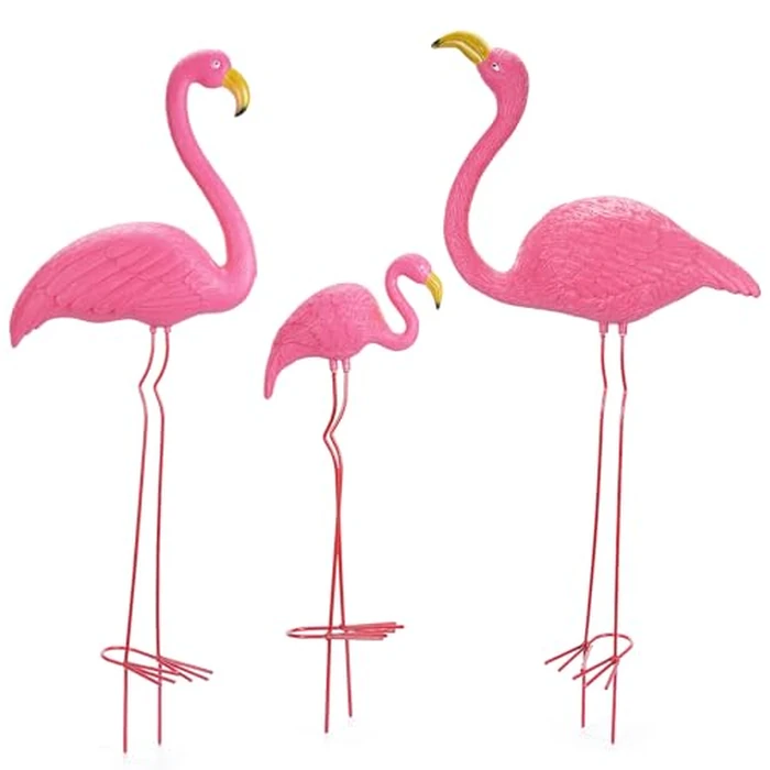 Ohuhu Family Flamingo Yard Ornaments, Set of 3 (32", 31", 19") Bright Pink Flamingos Ornaments with Metal Feet Stakes for Garden Yard Patio Party Decoration, Outdoor Decor Gardening by Ohuhu - Used - Very Good condition