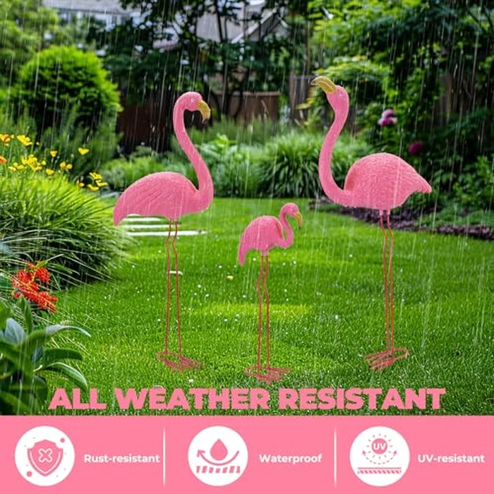 Ohuhu Family Flamingo Yard Ornaments, Set of 3 (32", 31", 19") Bright Pink Flamingos Ornaments with Metal Feet Stakes for Garden Yard Patio Party Decoration, Outdoor Decor Gardening by Ohuhu - Image 2