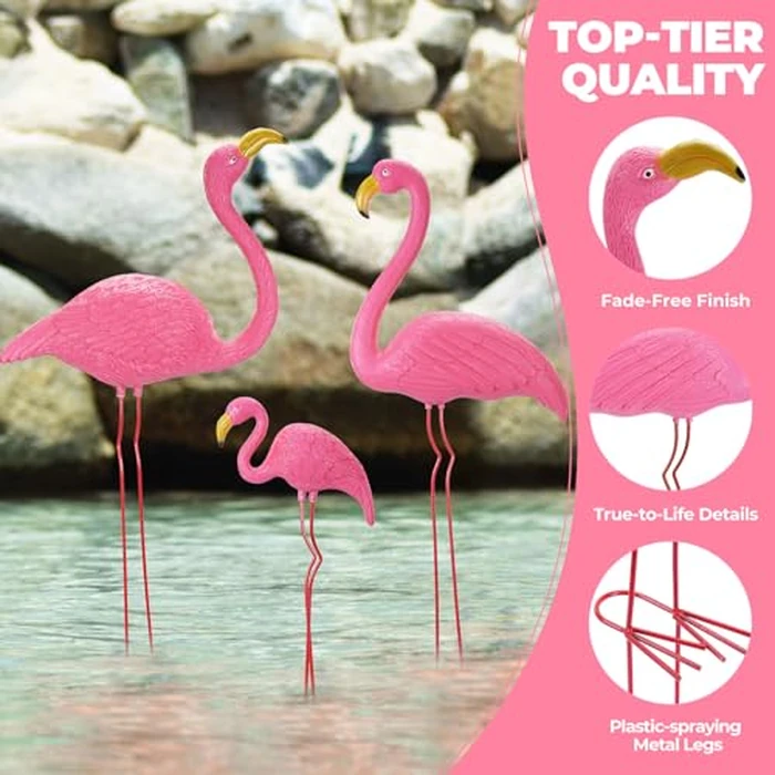 Ohuhu Family Flamingo Yard Ornaments, Set of 3 (32", 31", 19") Bright Pink Flamingos Ornaments with Metal Feet Stakes for Garden Yard Patio Party Decoration, Outdoor Decor Gardening by Ohuhu - Image 3