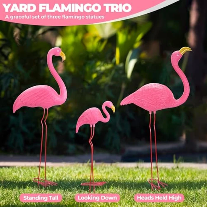 Ohuhu Family Flamingo Yard Ornaments, Set of 3 (32", 31", 19") Bright Pink Flamingos Ornaments with Metal Feet Stakes for Garden Yard Patio Party Decoration, Outdoor Decor Gardening by Ohuhu - Image 4