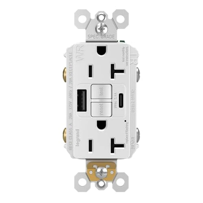 Legrand Pass & Seymour Radiant 20 Amp GFCI Weather-Resistant Wall Power Outlet with 2.0 Amp USB A/C Charger, White by Legrand - Image 1