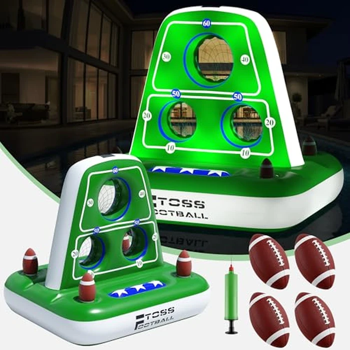 ZoneJoy Inflatable Football Toss Game for Pool - Water Football Target with Lights,Football Pool Game Solar Powered,4 Balls & 1Pumps, Dual Net Design, Stable Base, Summer Pool Game for Kids & Adults by ZoneJoy - Used - Like New condition