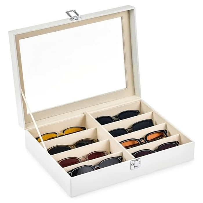 CO-Z Sunglasses Organizer with 8 Slots, Leather Eyeglasses Storage Box for Multiple Glasses, Lockable Display Case for Women Men, Glasses Holder for Watches Jewelry Collection, White by CO-Z - Used - Like New condition - US$21.59