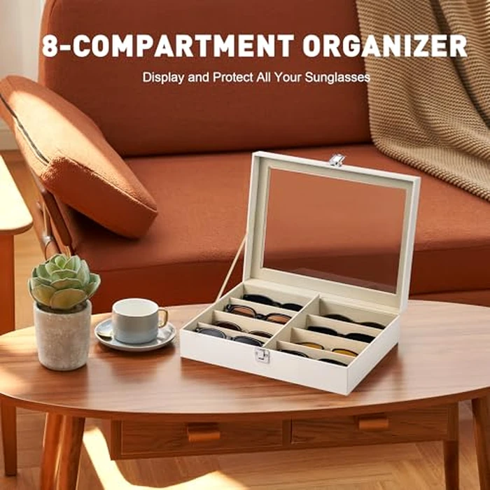 CO-Z Sunglasses Organizer with 8 Slots, Leather Eyeglasses Storage Box for Multiple Glasses, Lockable Display Case for Women Men, Glasses Holder for Watches Jewelry Collection, White by CO-Z - Image 2