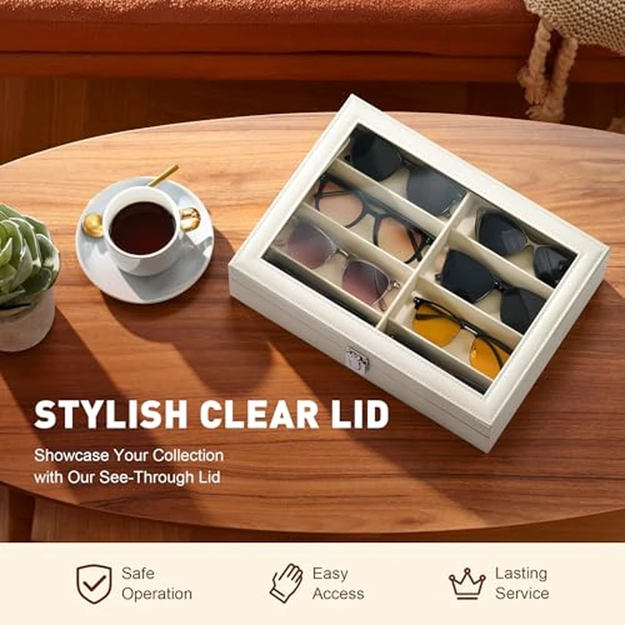 CO-Z Sunglasses Organizer with 8 Slots, Leather Eyeglasses Storage Box for Multiple Glasses, Lockable Display Case for Women Men, Glasses Holder for Watches Jewelry Collection, White by CO-Z - Image 3