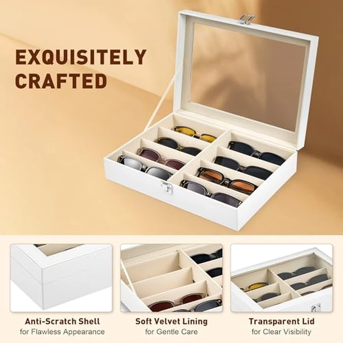 CO-Z Sunglasses Organizer with 8 Slots, Leather Eyeglasses Storage Box for Multiple Glasses, Lockable Display Case for Women Men, Glasses Holder for Watches Jewelry Collection, White by CO-Z - Image 5