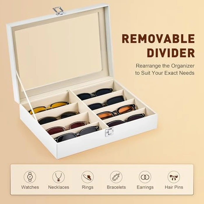CO-Z Sunglasses Organizer with 8 Slots, Leather Eyeglasses Storage Box for Multiple Glasses, Lockable Display Case for Women Men, Glasses Holder for Watches Jewelry Collection, White by CO-Z - Image 6
