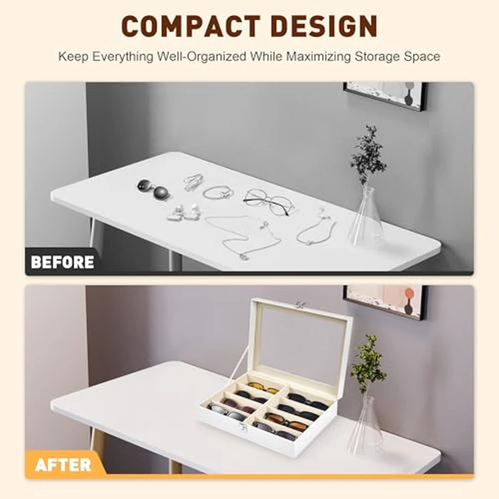 CO-Z Sunglasses Organizer with 8 Slots, Leather Eyeglasses Storage Box for Multiple Glasses, Lockable Display Case for Women Men, Glasses Holder for Watches Jewelry Collection, White by CO-Z - Image 7