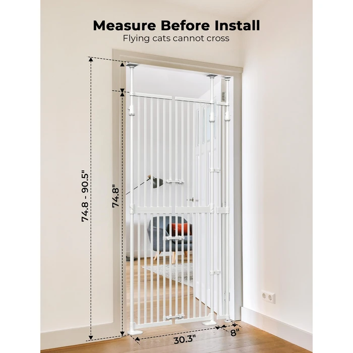 Extra Tall Cat Gate for Doorway: Sprouterie 74.8"-90.5" Tall Cat Gates for Pet 30.3"-38.2" Wide Pressure Mount No Wall Drilling for Indoor Stairs Doorway Room Door Dog Safety Barrier No Toddler by Sprouterie - Image 2