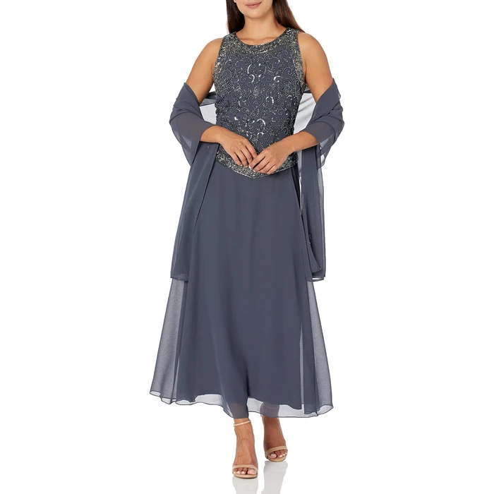 J Kara Women's Petite Petite Long Beaded V Trim Detail Dress with Scarf Dress, Grey/Mercury/Gun, 10P by J Kara - Used - Good condition