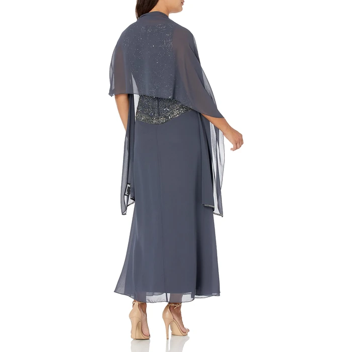 J Kara Women's Petite Petite Long Beaded V Trim Detail Dress with Scarf Dress, Grey/Mercury/Gun, 10P by J Kara - Image 2