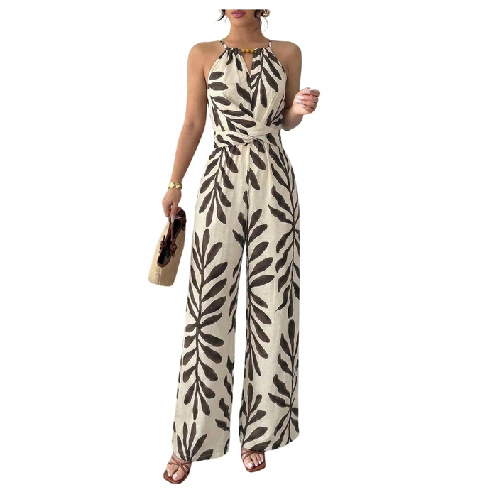 SweatyRocks Women's Twist Front Wide Leg Jumpsuit Boho Tropical Print Sleeveless Halter Vacation Jumpsuits Multicolor Petite-S by SweatyRocks - Used - Like New condition - US$40.84