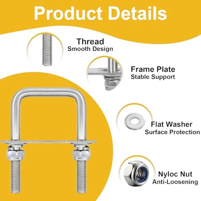4 Sets Square U Bolts 4 inch Wide, Sunxer Tool Stainless Steel U Clamp with Nyloc Nuts Washers and Plates for Pipe Beam Trailer(M10 x 100mm x 180mm) by Sunxer Tool - Image 5